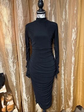 Elegant Black Ruched Long-Sleeve Dress sleeves are sheer